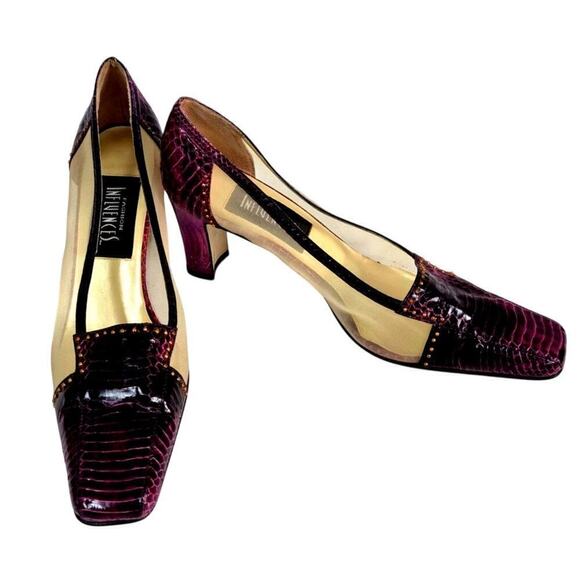 VTG Fashion Influences Purple Snakeskin/Sheer Mesh Pumps Heels w/ Studs Sz 10 M - Picture 2 of 7